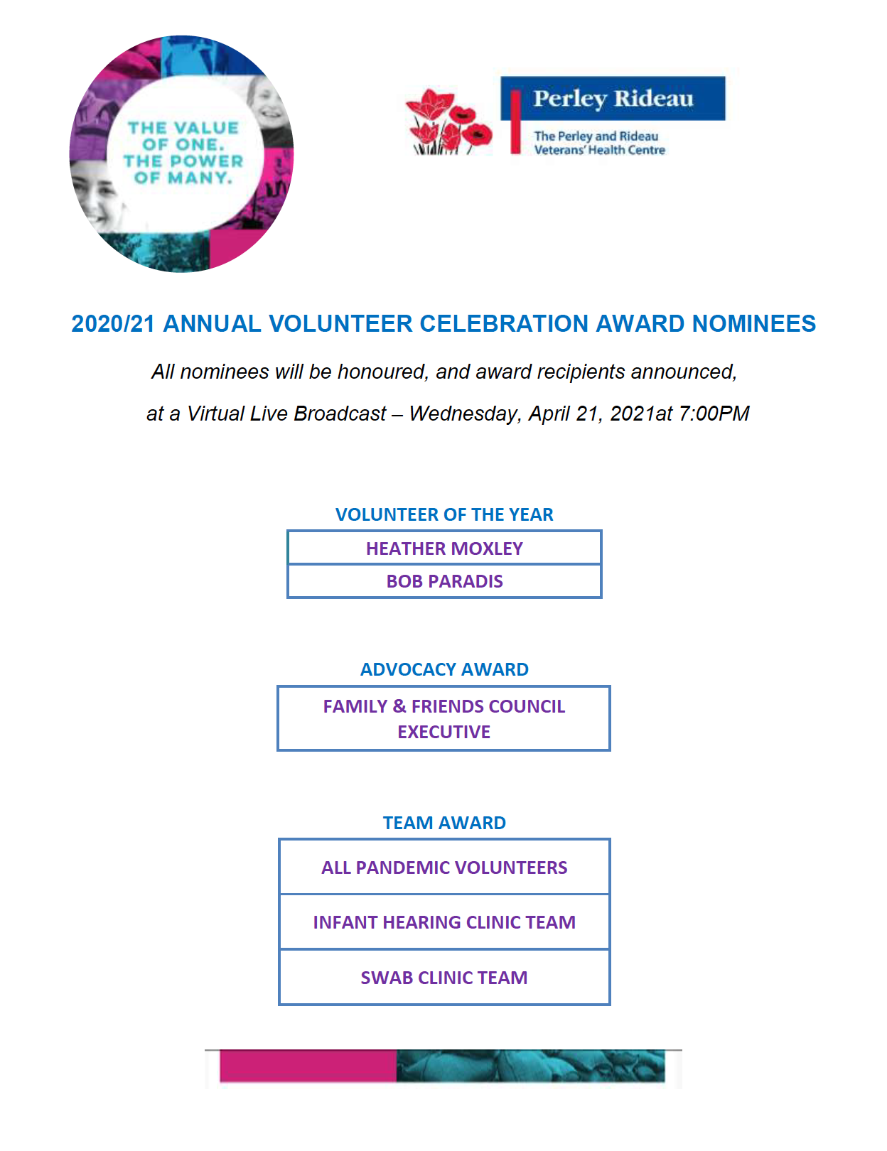 2020 / 2021 Annual Volunteer Celebration Award Nominees Poster