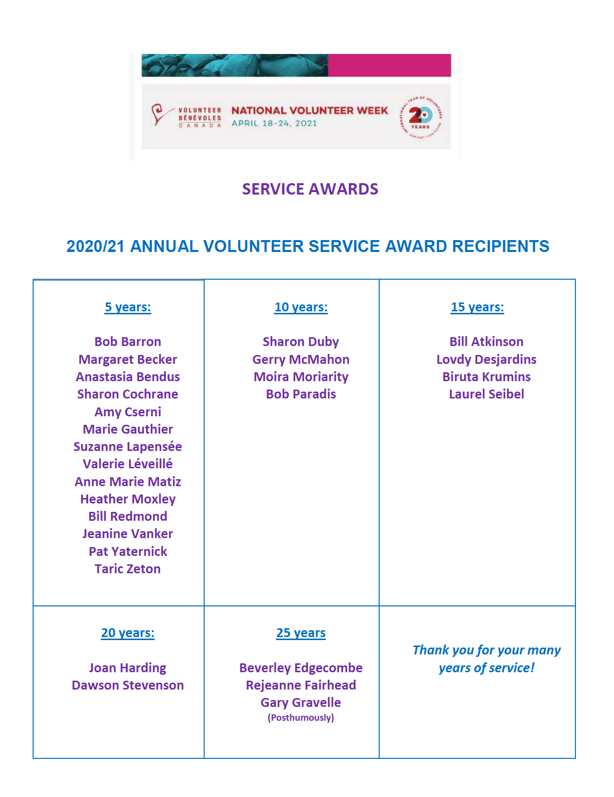 2020 / 2021 Volunteer Service Award Recipients